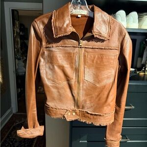 Women's Tan Leather Jacket with Frayed Details